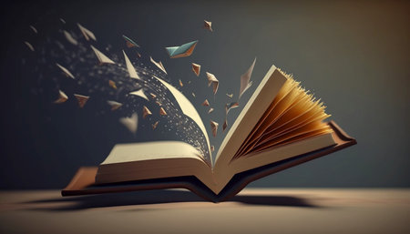 Bookmark flying out of an open book. A illustration created with generative AI Technology.の素材