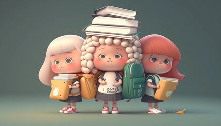 Cartoon character of three little school going children. A illustration created with generative AI Technology.の素材