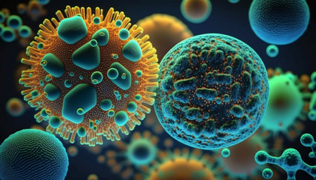 Macro shot of different types of microbes. Virus Cells. A illustration created with generative AI Technology.の素材
