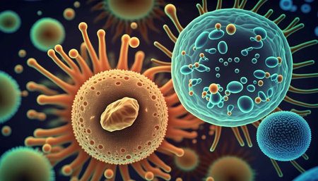 Macro shot of different types of microbes. Virus Cells. A illustration created with generative AI Technology.の素材