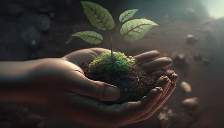 New green plant grows on earth in a persons hand, Save environment. A illustration created with generative AI Technology.の素材