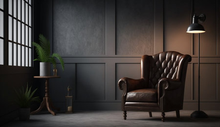 A realistic illustration of Style loft interior with leather armchair on dark wall background made by generative Ai.の素材