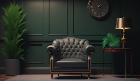 A beautiful illustration of Living room with gray armchair on empty dark green wall background using generative Ai technology.の素材