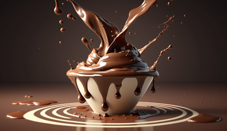 A realistic illustration of Sweet milk chocolate pudding splashing made by generative Ai.の素材