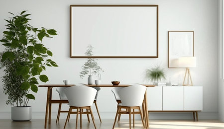 A realistic illustration of Mock up poster blank frame in dining room interior with white wall background made by generative Ai.の素材