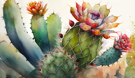 A realistic illustration of Watercolor Cactus made by generative Ai.の素材