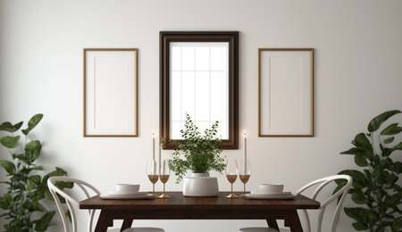 A realistic illustration of Mock up poster blank frame in dining room interior with white wall background made by generative Ai.の素材