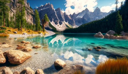 A illustration of Mountain lake for swimming created with generative Ai.の素材