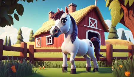 A illustration of Cute Cartoon Horse on a Farm created with generative Ai.の素材