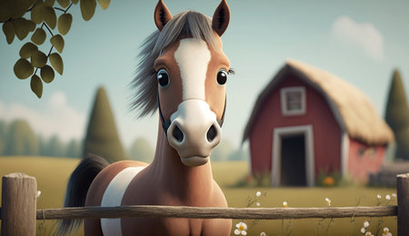 A illustration of Cute Cartoon Horse on a Farm created with generative Ai.の素材