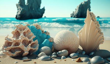 A realistic illustration of Ocean Beach with Shells made by generative Ai.の素材