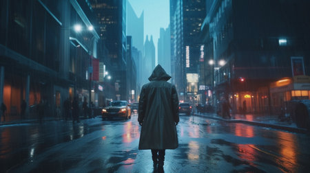 A beautiful illustration of A man in a raincoat walks down the street of the city of the future in the rain using generative Artificial intelligence technology.の素材