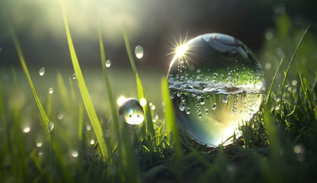A beautiful illustration of A beautiful large water drop of morning dew in the grass using generative Artificial intelligence technology.の素材