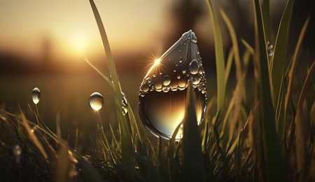 A beautiful illustration of A beautiful large water drop of morning dew in the grass using generative Artificial intelligence technology.の素材