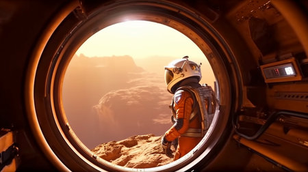 Astronaut in Spacesuit Standing front of a spaceship window. A realistic illustration made by artificial intelligence.の素材