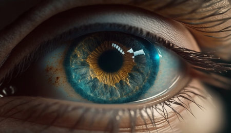 Closeup zoom of Human blue and brown eyes. A realistic illustration made by artificial intelligence.の素材