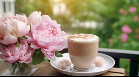 Cup of latte on a tray next to a bouquet of peonies, outdoors. A beautiful illustration created using generative Ai technology.の素材