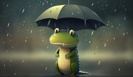 Cute Cartoon Alligator Character Holding an Umbrella in the Rain. A beautiful illustration created using generative Ai technology.の素材