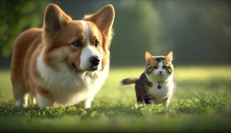 Funny corgi dog and a cat walks on the green grass. A beautiful illustration created using generative Ai technology.の素材