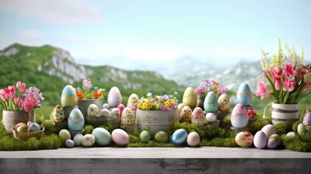 Easter product display table with easter eggs and spring. A beautiful illustration created using generative Ai technology.の素材