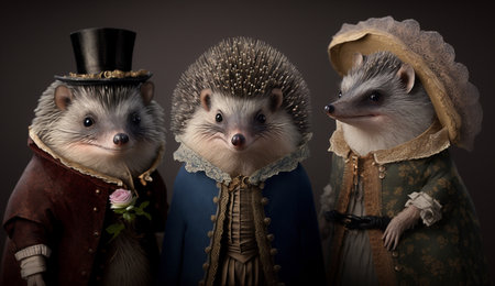 Hedgehog animals dressed in victorian era clothing. A beautiful illustration created using generative Ai technology.の素材