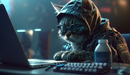 Hacker cat working job profession. A beautiful illustration created using generative Ai technology.の素材