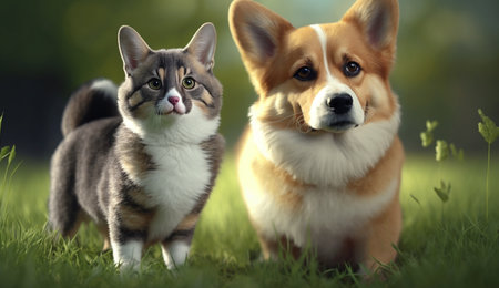 Funny corgi dog and a cat walks on the green grass. A beautiful illustration created using generative Ai technology.の素材