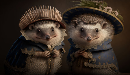 Hedgehog animals dressed in victorian era clothing. A beautiful illustration created using generative Ai technology.の素材
