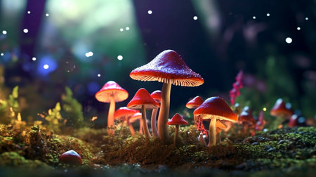 Macro shot of fantasy enchanted fairy tale forest with magical Mushrooms. An amazing and realistic illustration created by Artificial intelligence.の素材