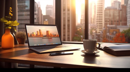 Modern workplace with laptop computer, coffee cup and office supplies. An amazing and realistic illustration created by Artificial intelligence.の素材