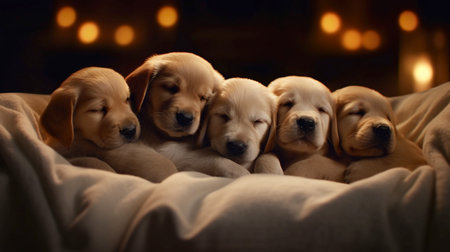 puppies in bed at night. An amazing and realistic illustration created by Artificial intelligence.の素材