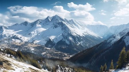 Landscape of High Tatras in the spring. Snowy mountain tops and beautiful sky. An amazing and realistic illustration created by Artificial intelligence.の素材