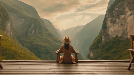 Back view of woman sitting on wooden porch extending into a high mountain cliff. An amazing and realistic illustration created by Artificial intelligence.の素材
