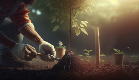 Person planting trees, concept of Sustainability and Community Engagement. An amazing and realistic illustration created by Artificial intelligence.の素材