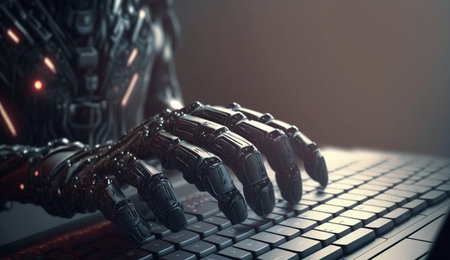 A beautiful realistic illustration of Robotic hand pressing a keyboard on a laptop using generative Ai technology.の素材