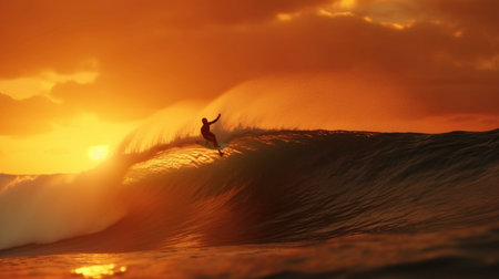 A beautiful realistic illustration of Surfer silhouette riding the sunset wave using generative Ai technology.の素材