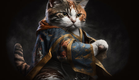 A beautiful realistic illustration of The cat karate fighter in a kimono using generative Ai technology.の素材