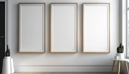 A beautiful realistic illustration of Three vertical white blank frames hanging on wall. Modern wooden office interior using generative Ai technology.の素材