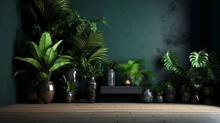 A beautiful realistic illustration of Wall mockup, Modern dark green home interior background using generative Ai technology.の素材