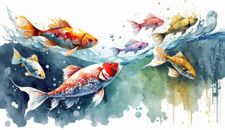A beautiful realistic illustration of Watercolour Illustration of Colourful Fish Swimming in Water Pond using generative Ai technology.の素材