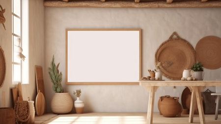 A beautiful realistic illustration of White blank frame mockup in living room interior background, Coastal boho style using generative Ai technology.の素材