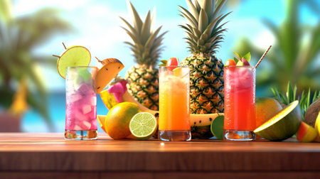 A beautiful realistic illustration of Tropical juice drinks, Fresh cocktails using generative Ai technology.の素材