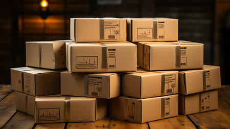 Stack of cardboard delivery boxes or parcels. Warehouse concept.の素材