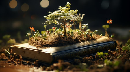 Tree growing from opened old book.の素材