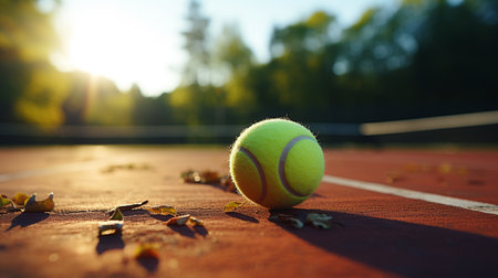Tennis racket and ball on tennis court.の素材