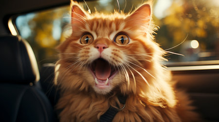 Happy cat with head out of the car window having fun created with generative Ai.の素材