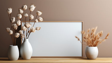 Horizontal artwork template, Wooden blank frame mockup on wall in modern interior created with generative Ai.の素材