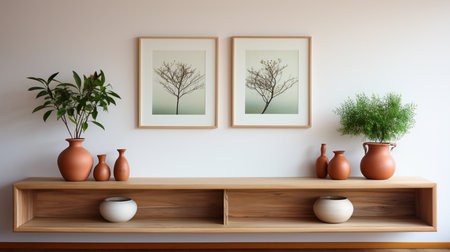 Horizontal artwork template, Wooden blank frame mockup on wall in modern interior created with generative Ai.の素材