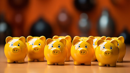 Piggy bank with coin stacks on yellow background. Financial, savings and Investment concept.の素材