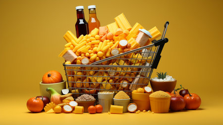 Shopping cart full of food on yellow background. Grocery and food store concept.の素材